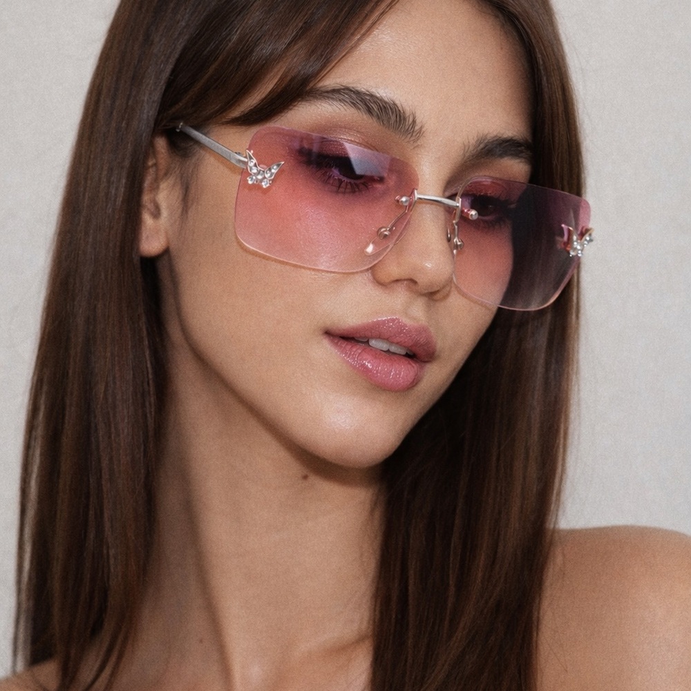 TU.Luxe Pink Gradient Rimless Y2K Butterfly Sunglasses - with case